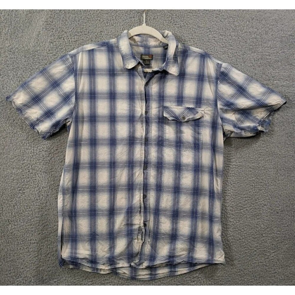 Royal Robbins Button Shirt Mens Large L Contemporary Fit Plaid Blue White